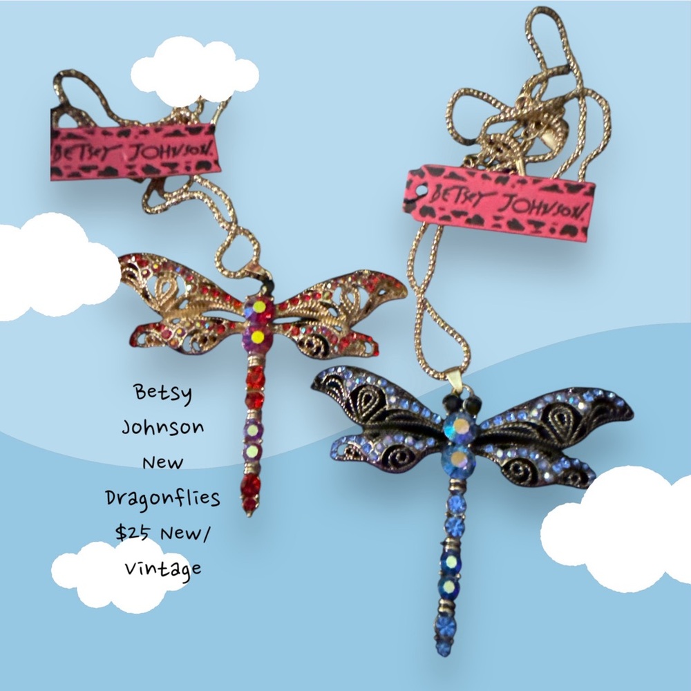New/Vintage Betsy Johnson Dragonfly Necklaces 3.5” Wings, 14” long blue or red